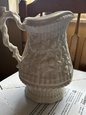 White Milk Glass Pitcher with Floral & Berry Design